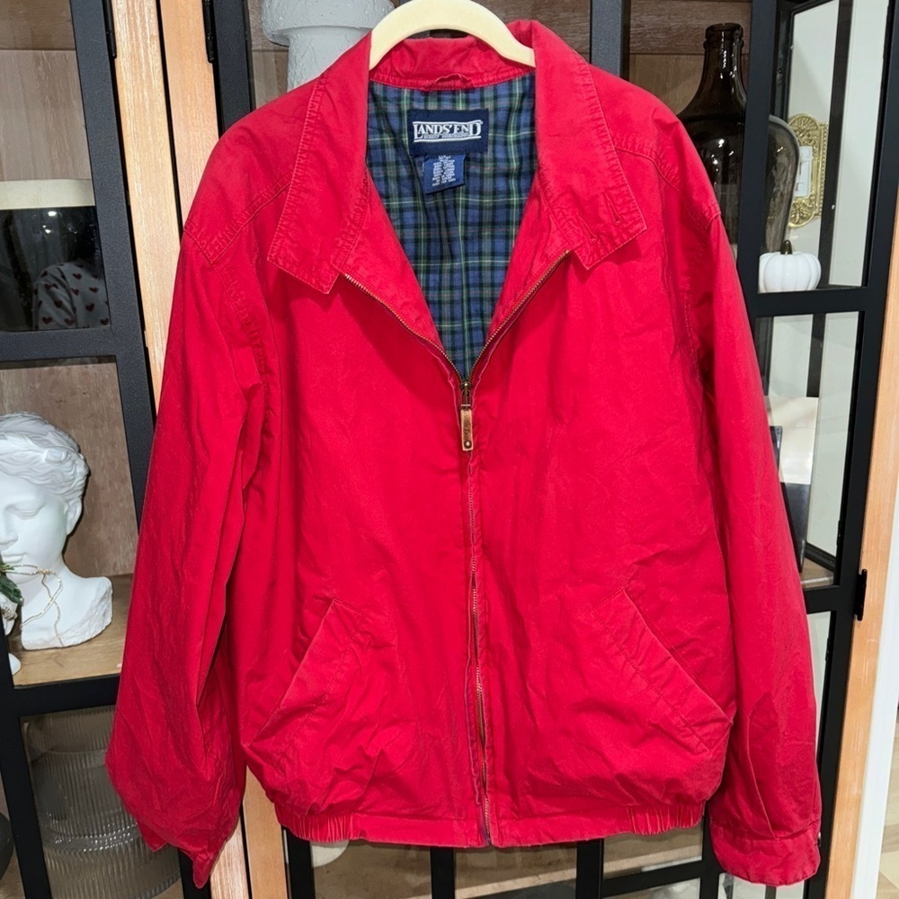 Vintage 90s Lands’ End barn jacket zipper up plaid cotton high mock neck pockets